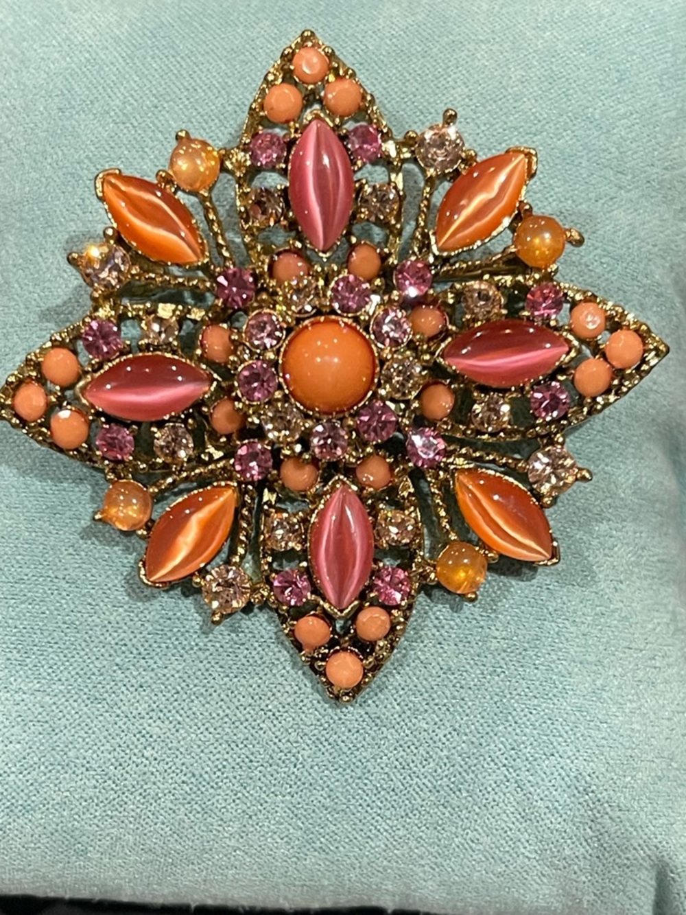 Ornate Pink & Orange Floral Statement Brooch